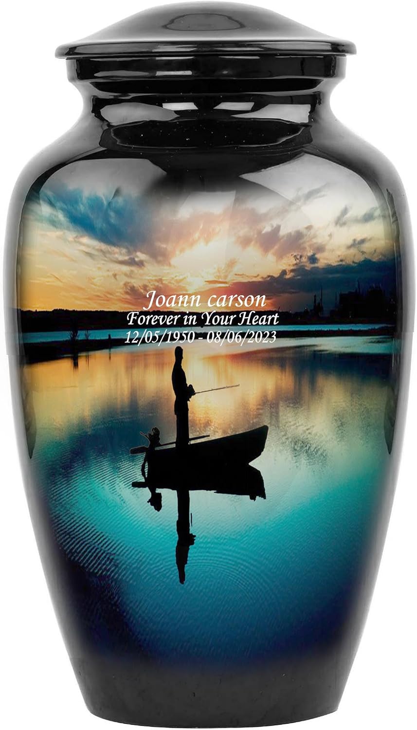 Gone Fishing in Heaven Cremation Urns for Adult Ashes Male - Burial Urns for Human Ashes - Decorative Urns-Decorative Men Urn Fishing | Urns for Dad, Men, Human Ashes | with Velvet Bag Personalized