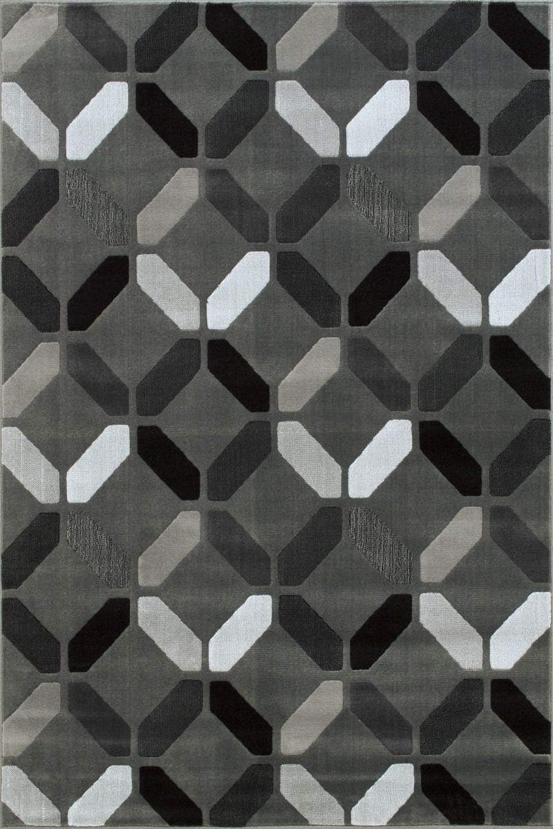 HR Grey/Silver/Black/Dimond Pattern Area Rug Modern Contemporary Geometric Design Thick Pile, Shed-Free