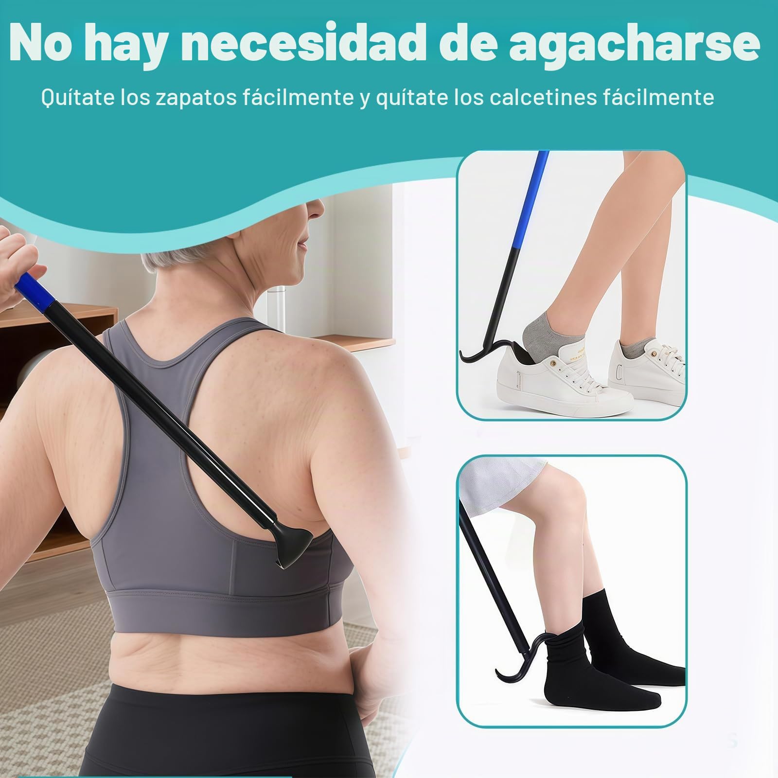 Anziehhilfe para calcetines, asistente de calcetines para fácil colocación sin agacharse, dispositivo con calzador ajustable y mango largo, rascador de espalda para ancianos, personas con