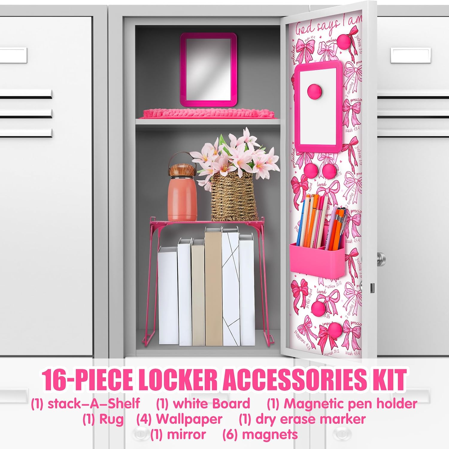 Pinkunn 16 Pcs Pink Preppy Style Locker Organizer Accessories Include Wallpaper Magnetic Whiteboard Mirror Dry Eraser Marker Rug Storage Organizing Shelf for Back to School Party (Pink Bow)