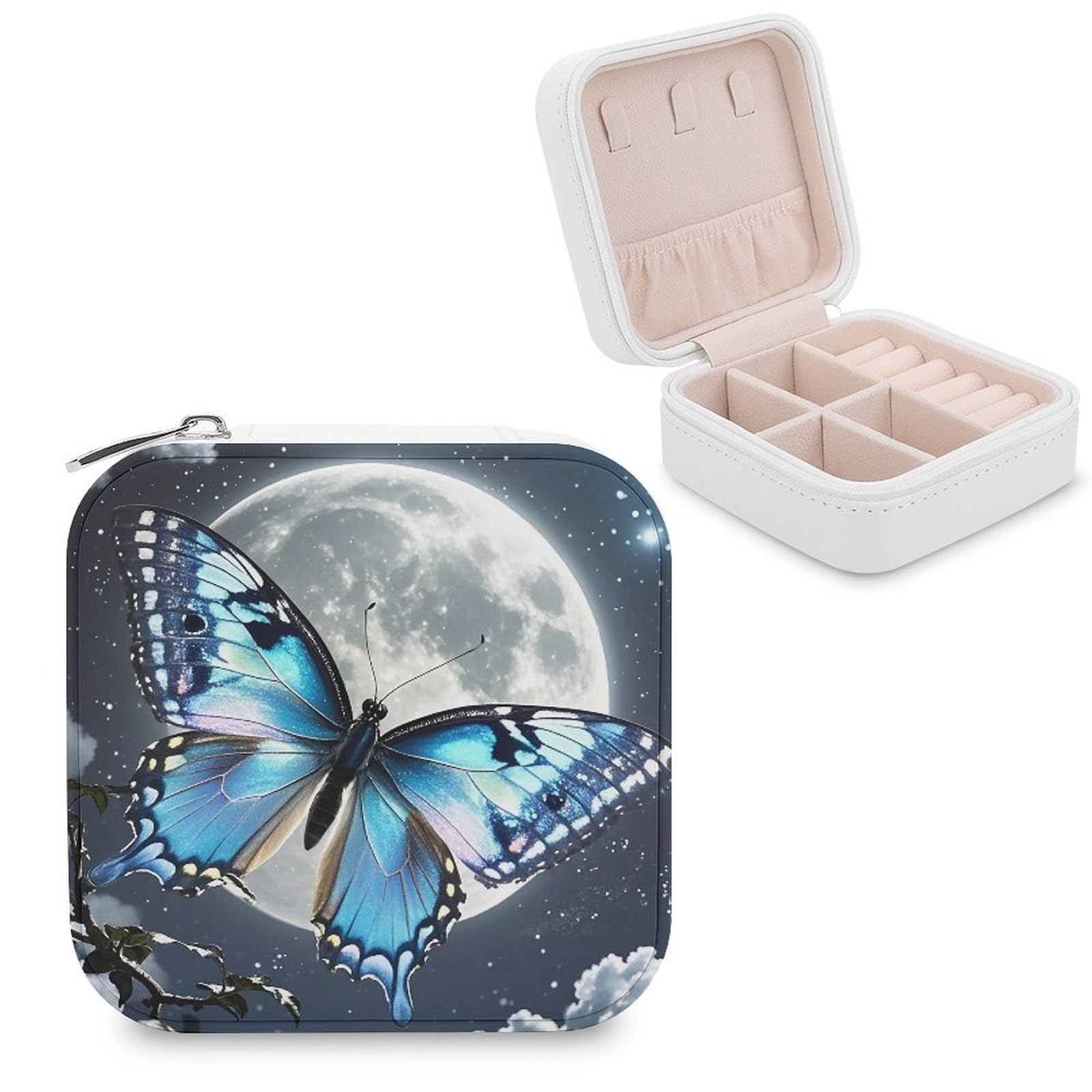 LZQPOEAS Blue Butterfly And Moon Jewelry Box Mini Jewelry Travel Case Trendy Stuff Ring Box Custom PU Leather Jewelry Boxes Portable Jewelry Case Earring Storage Organizer for Girls Women