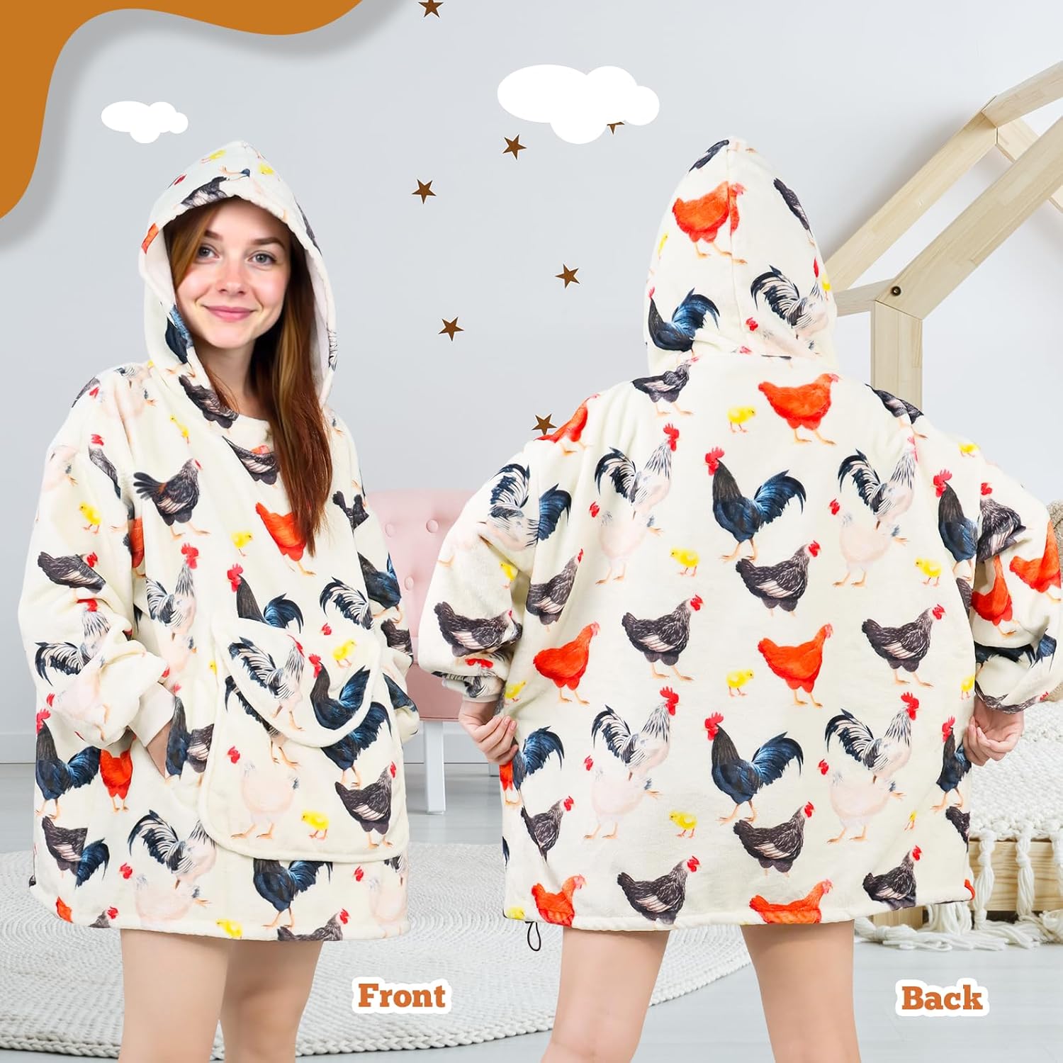ZHIKU Chicken Wearable Blanket Hoodie Oversized Hoodie Sweatshirt Rooster Chicken Birthday - Image 3