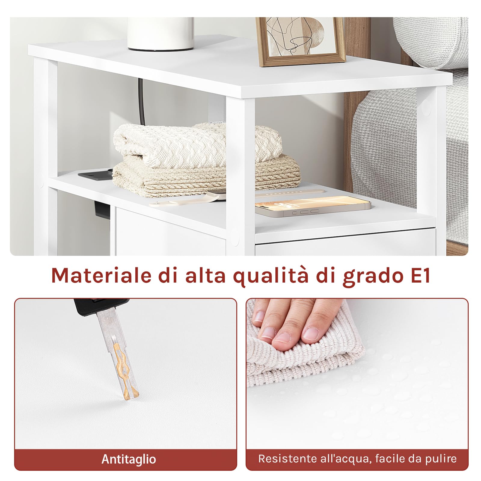 WOLTU Tavolino Stretto con Stazione di Ricarica per Divano, Comodino con 2 Cassetti 2 Ripiani 1 Scomparto, per Soggiorno, Camera da Letto, 60x60x30 cm, Bianco