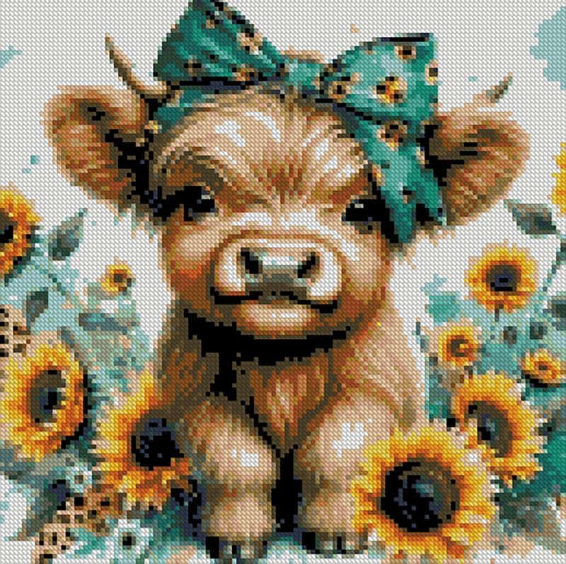 Cow Stamped Cross Stitch Kits for Adults Beginner, Sunflowers Counted Cross Stitch Kits Printed Stitching Cute Patterns Dimensions Needlepoint Art Crafts Embroidery Kits for Adults Beginners