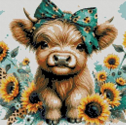 Cow Stamped Cross Stitch Kits for Adults Beginner, Sunflowers Counted Cross Stitch Kits Printed Stitching Cute Patterns Dimensions Needlepoint Art Crafts Embroidery Kits for Adults Beginners - cow