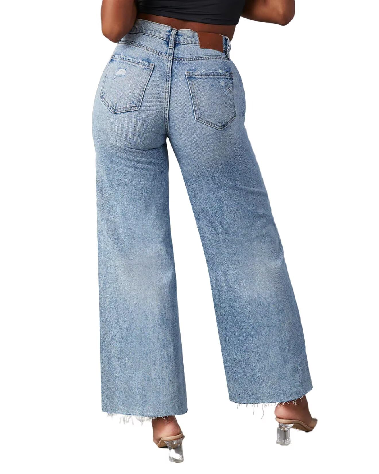Allimy Jeans da donna a vita alta, gamba dritta, gamba larga, strappati, orlo sfilacciato, pantaloni in denim Capri elasticizzati