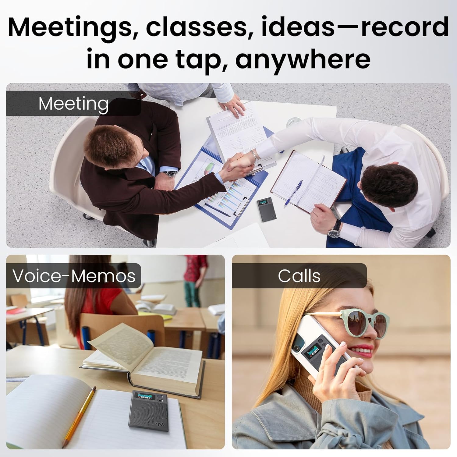 Three scenarios showing the NEWYES Ailog AI Voice Recorder being used in a meeting, for voice memos, and during a phone call.