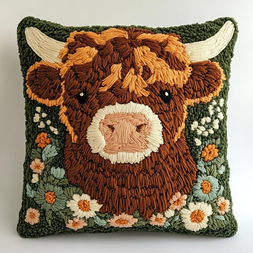 DIY Punch Needle Pillow Kit Cute Baby Highland Cow in Flowers with Pattern and Hoop Handmade Embroidery Punch Needle Starter Pillowcase Set for Home Sofa Decor 43x43cm-1-4