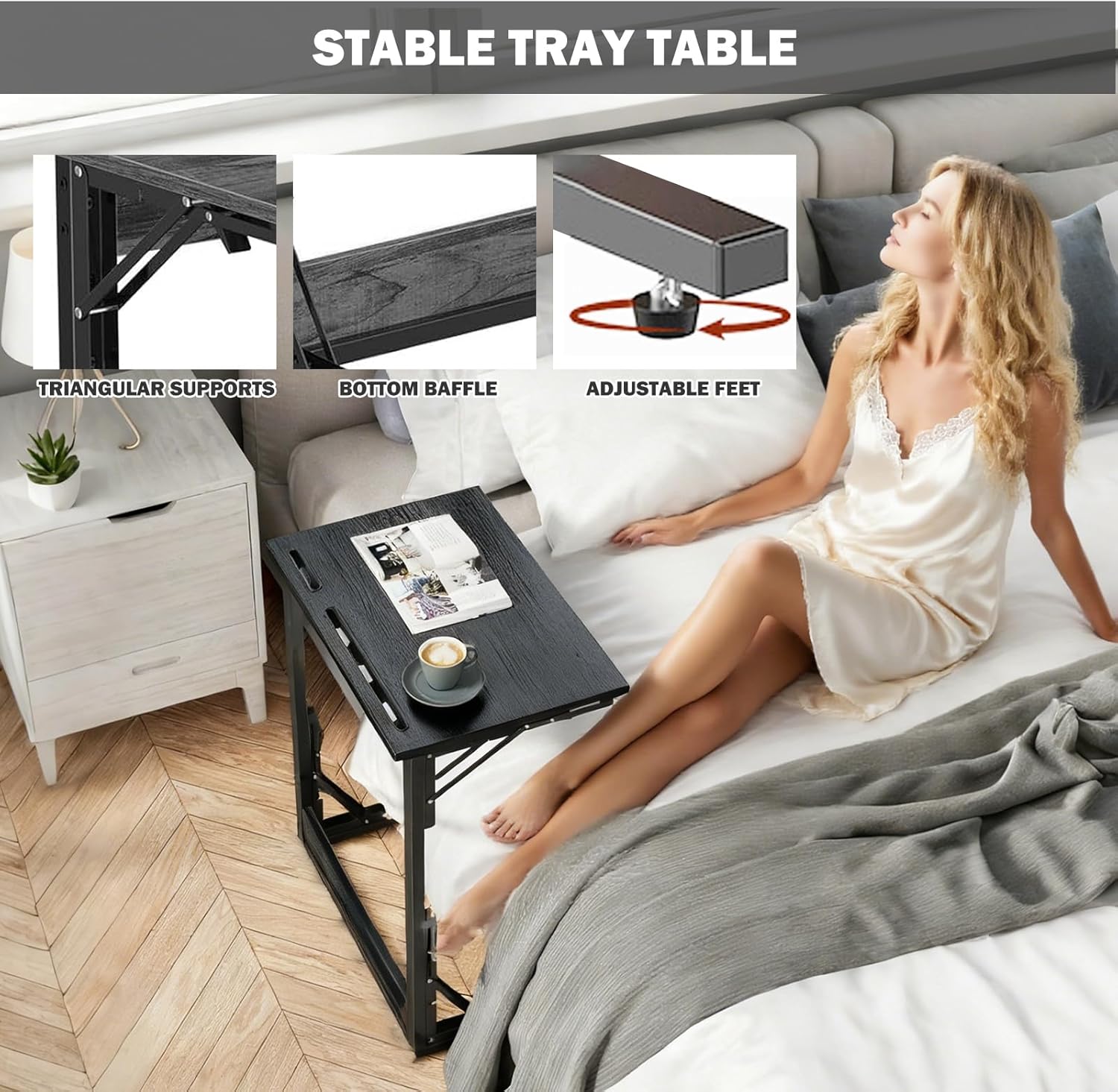 Folding TV Trays Set of 2,TV Dinner Tray Table,Adjustable Height TV Trays for Eating on Couch,C Shaped End Table with Tablet and Phone Slots,Foldable Side Table&Laptop Desk for Sofa&Bedside&Recliner