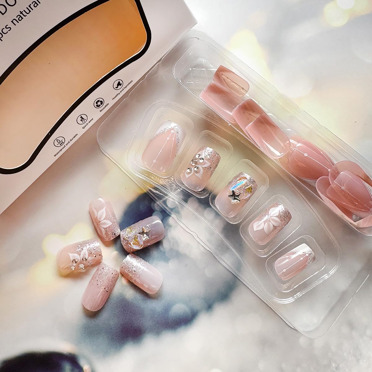 24 Press On Nails - French Tip, Flowers & Glitter -4 24 Press On Nails - French Tip, Flowers & Glitter -4