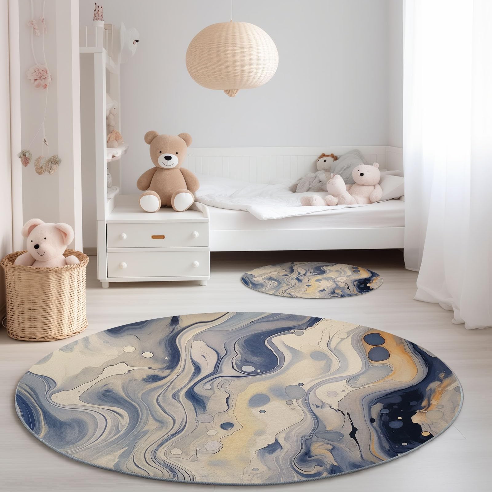 Tapis rond effet marbre bleu 60 cm avec dos antidérapant