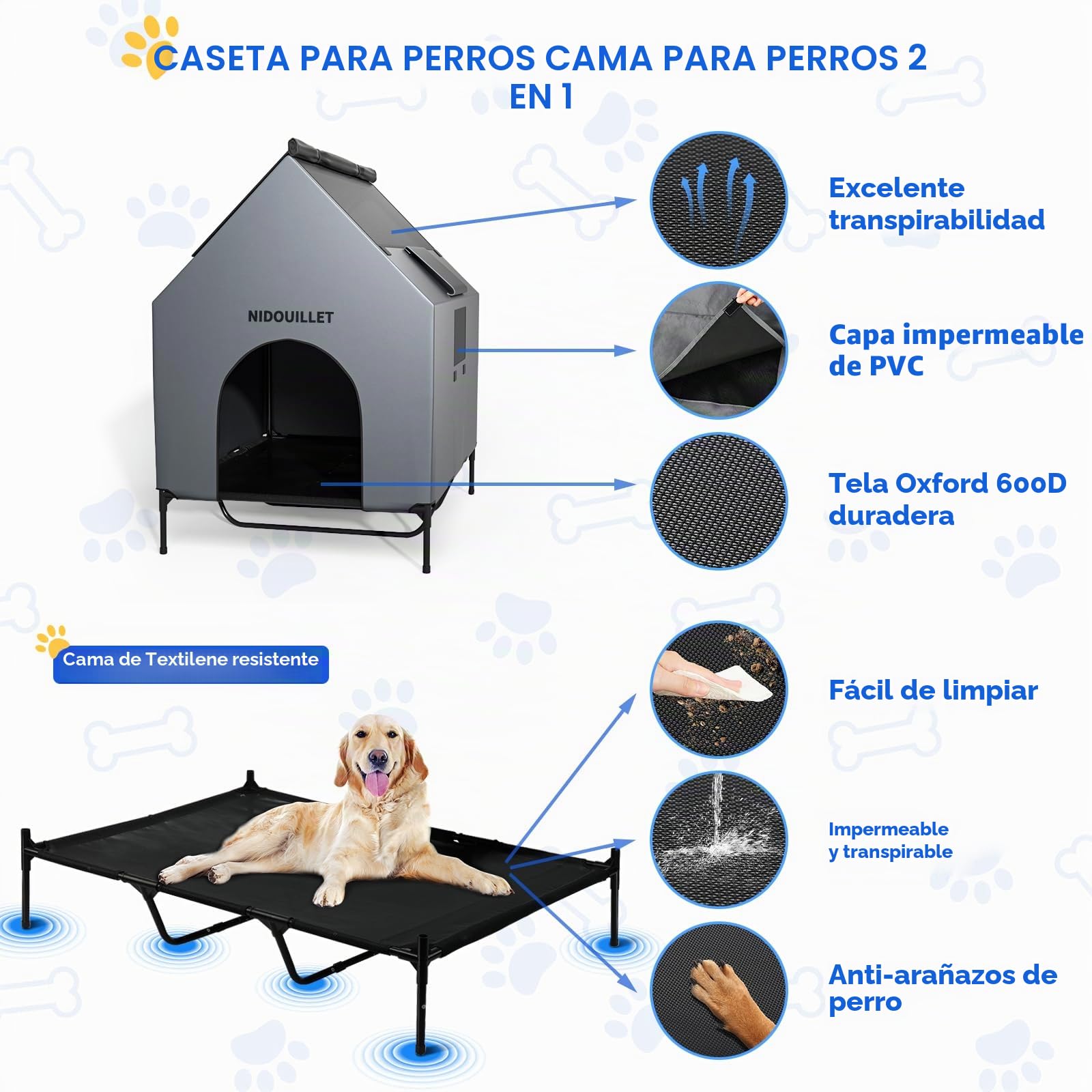 casa de Perro para Raza Grande 122CM al Aire Libre o en Interiores, Resistente a la Intemperie 600D PVC casa Grande Cachorro, Transpirable 2x1 Textilene Tela elevada Cama de Perro