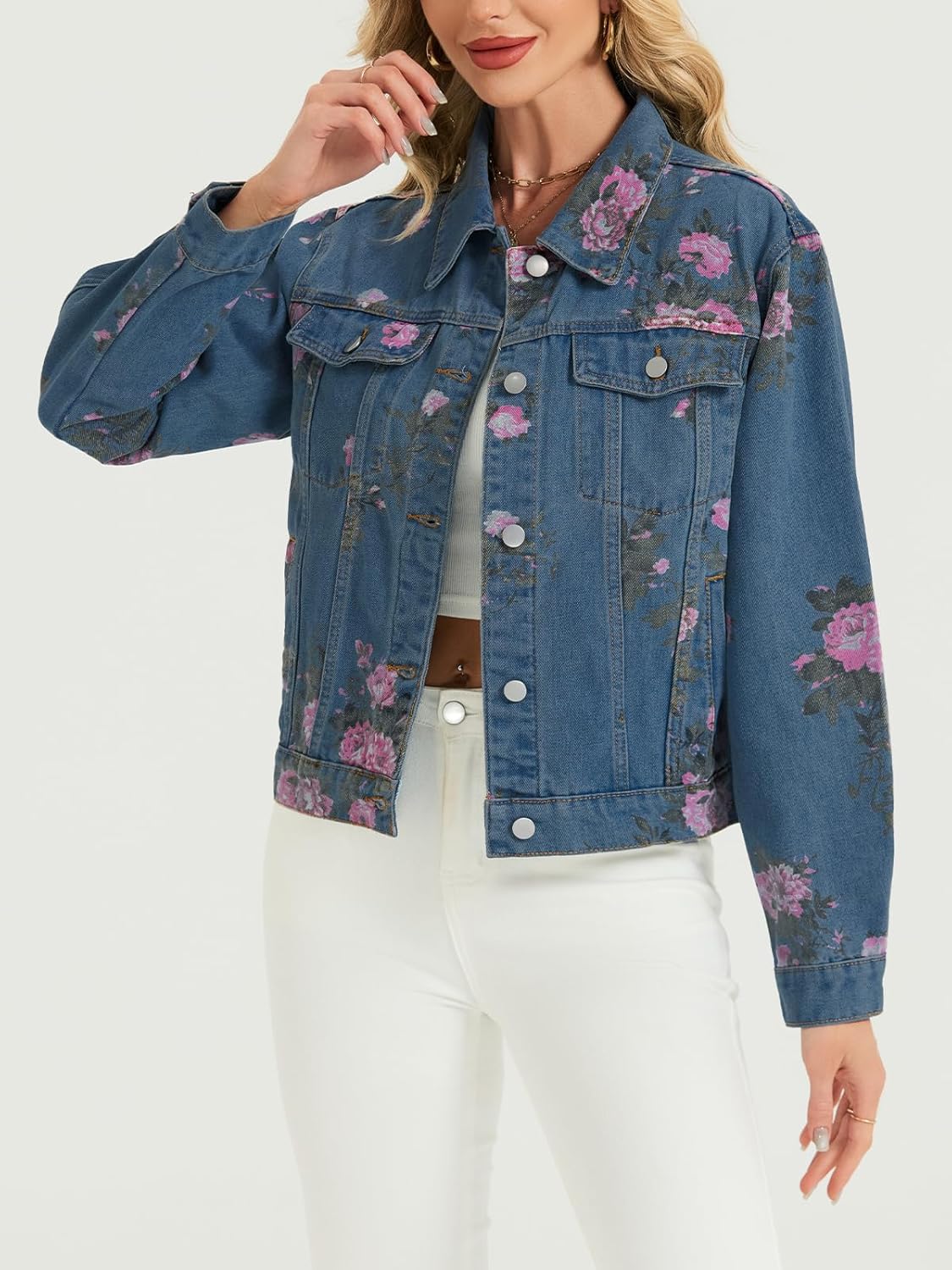 LifeShe Women's Jean Jacket Floral Button Up Cropped Denim Jackets Western Outfit With Pockets - Image 4