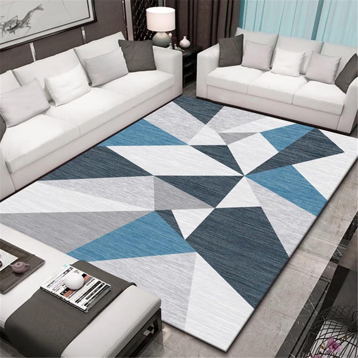 Tapis de salon résistant à l'usure géométrique gris bleu 70x140cm