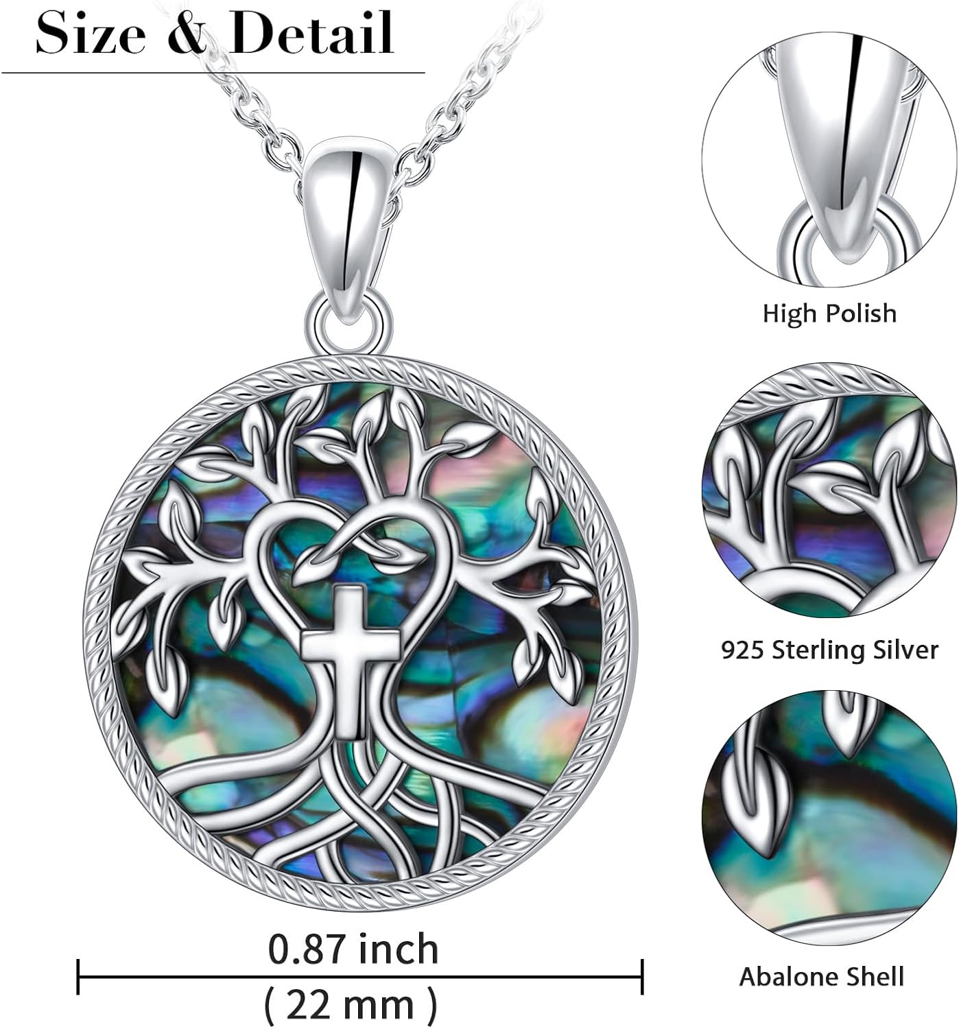 Tree of Life Necklace 925 Sterling Silver Abalone Shell Cross/Triple Moon Goddess Pendant Religious Jewelry for Women Men Mom Wife Daughter Sister Friend for Valentine Birthday Christmas Jewelry - Image 5