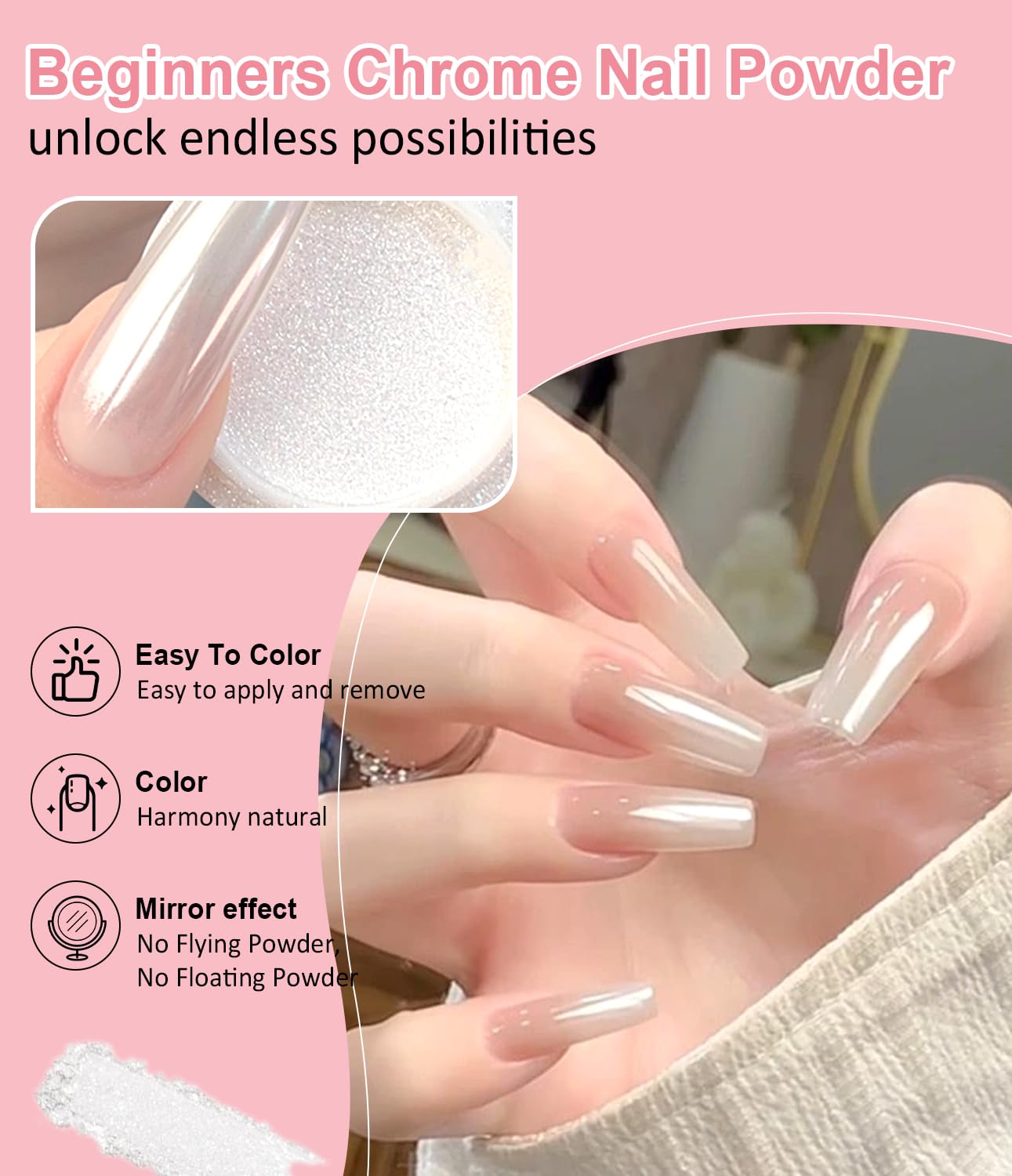Poudre Chrome Ongle Nacrée - Rose Effet FéErique Poudre Ongle, Aurora Blanche Perle Chrome Ongle Effet Glace Transparente, Paillettes Ongles Effet Miroir Sirene Ongle, Nail Art DIY