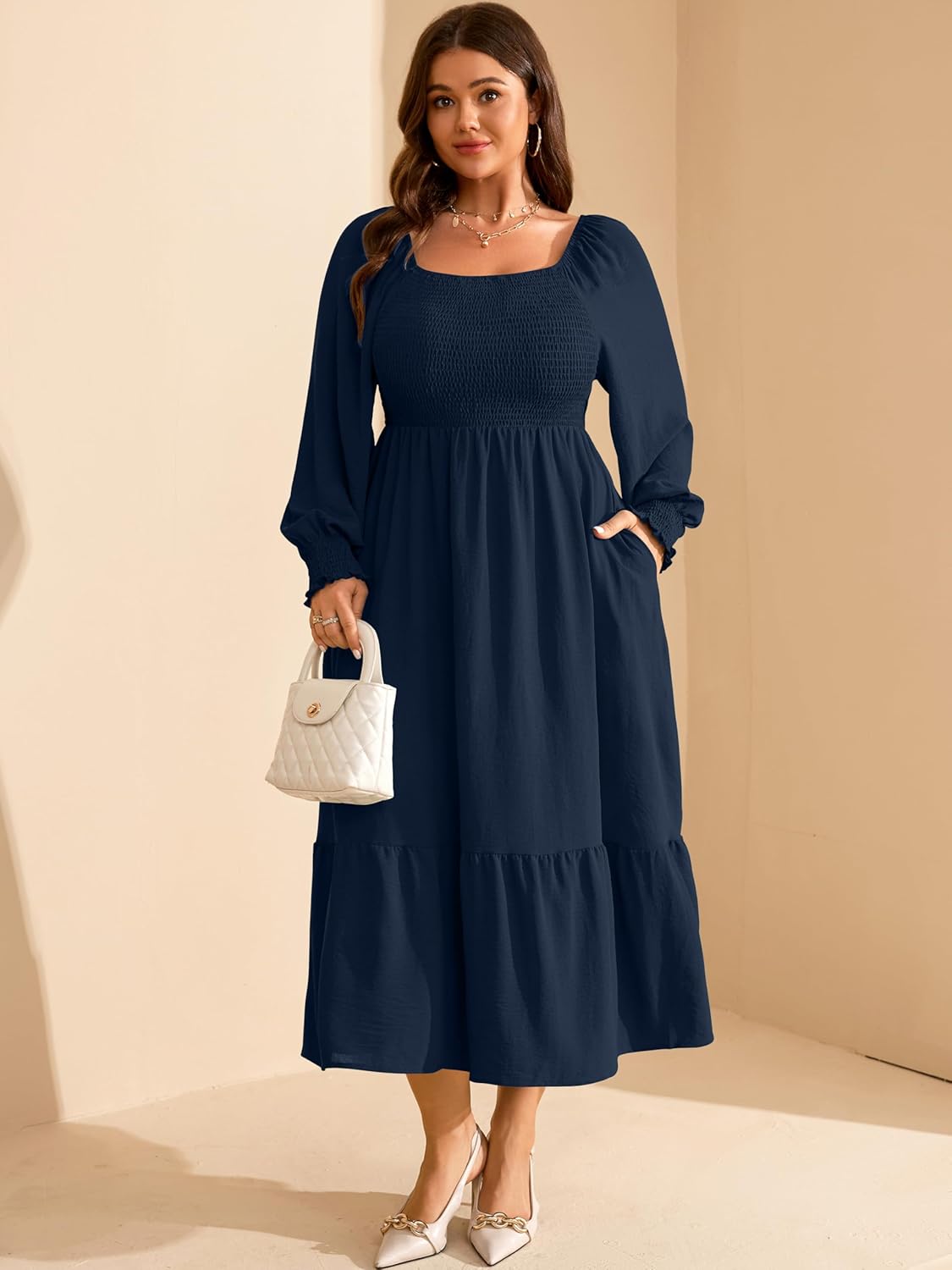 RWJ Women's Plus Size Fall Dress Long Sleeve Square Neck Floral Print Smocked A Line Boho Flowy Maxi Dresses with Pockets - Image 4