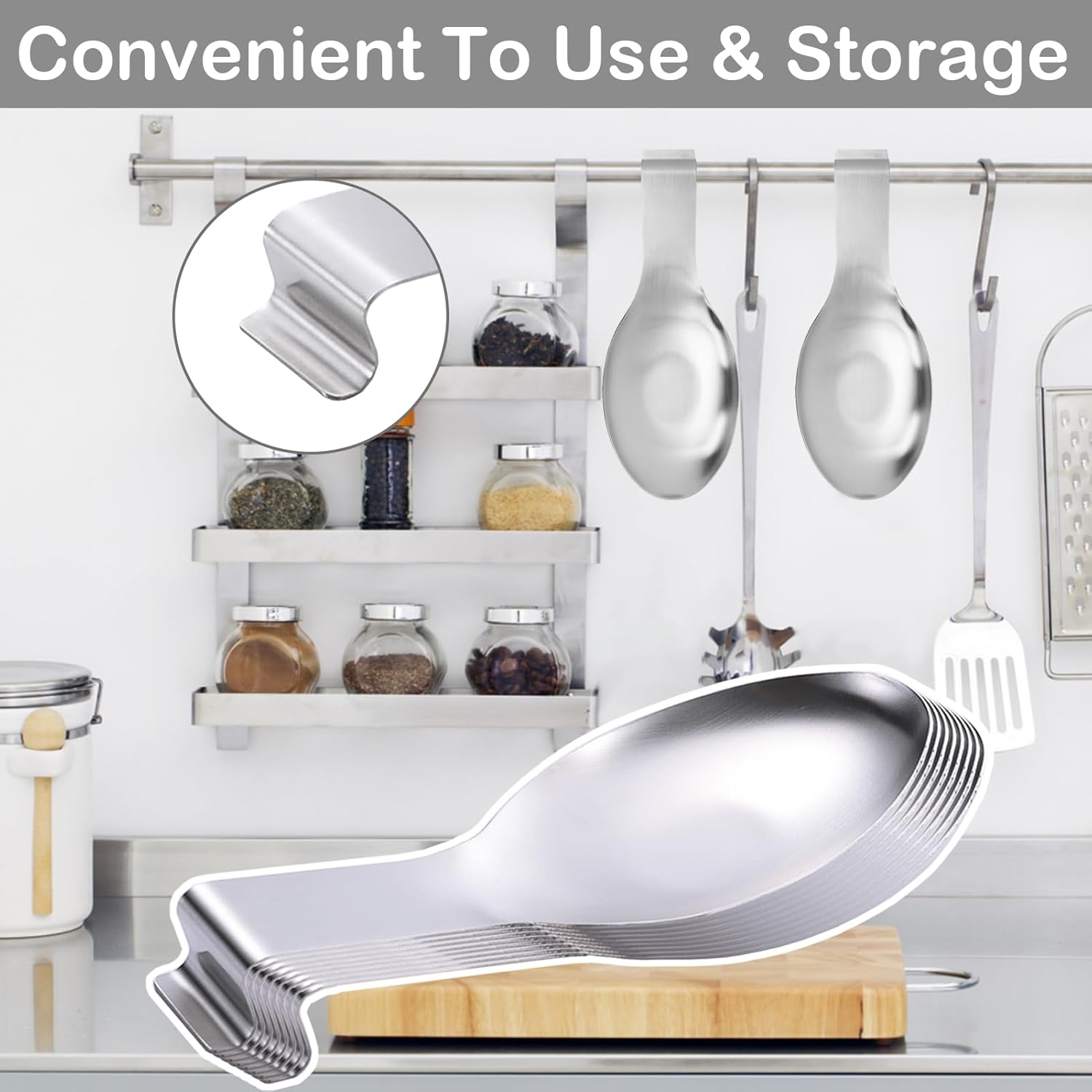 8 Pcs Stainless Steel Spoon Rest, Large Size Spoon Spatula Ladle Holder for Kitchen Counter Stove Top Heavy Duty Utensil Rest Serving Spoon Rest for Home Buffet Use, Silver