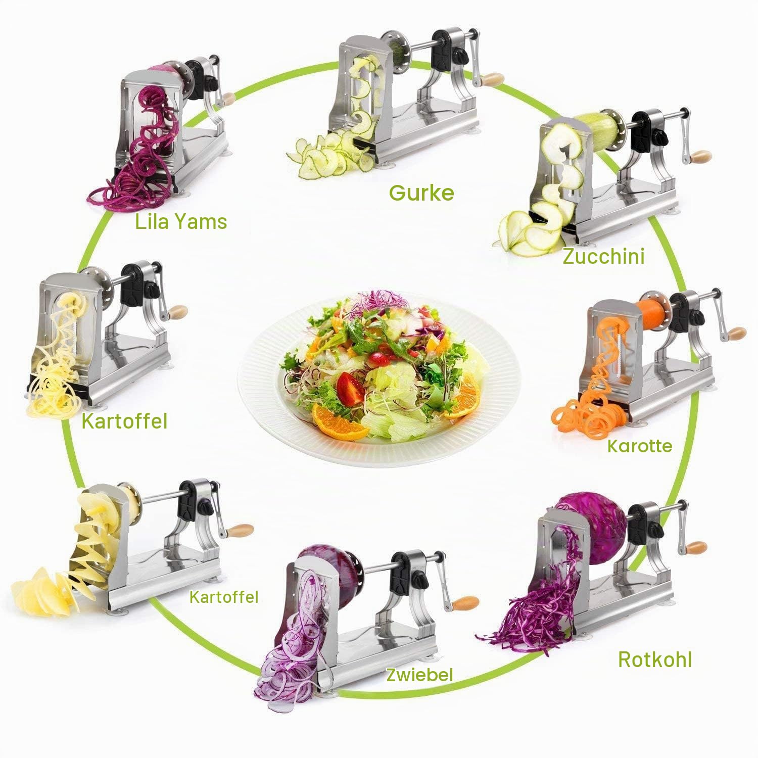 Stahl Gemüse Spiralschneider Kartoffel, 6-Klingen Gemüsenudeln Spiralschneider Elektrisch, Zucchini Nudeln Schneider, Zoodle Maker Spiralschneider, 4 Saugnapf mit Anti-Rutsch Technologie