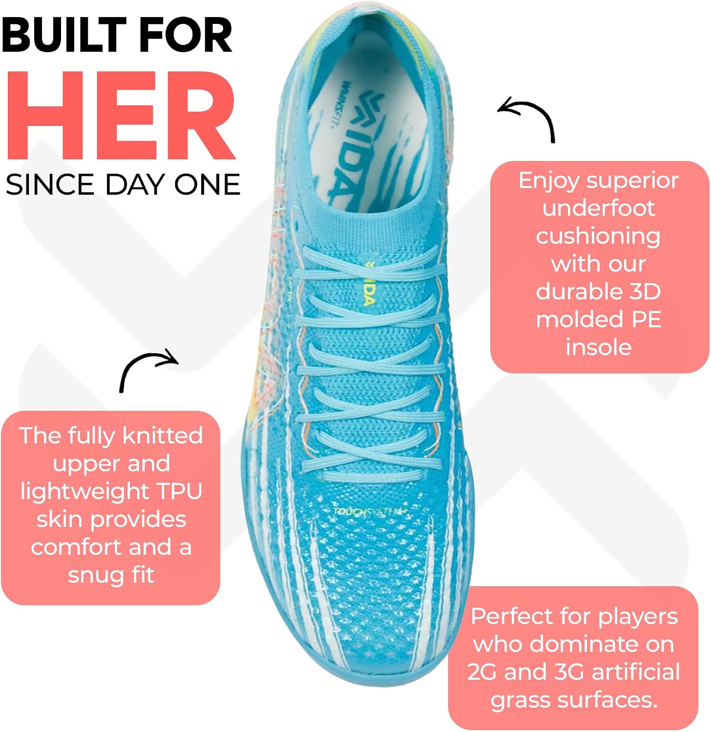 IDA Rise Turf Women’s Soccer Cleats, Indoor Cleats with Built-in Sock, Rubber Sole Turf Football Shoes for Artificial Ground