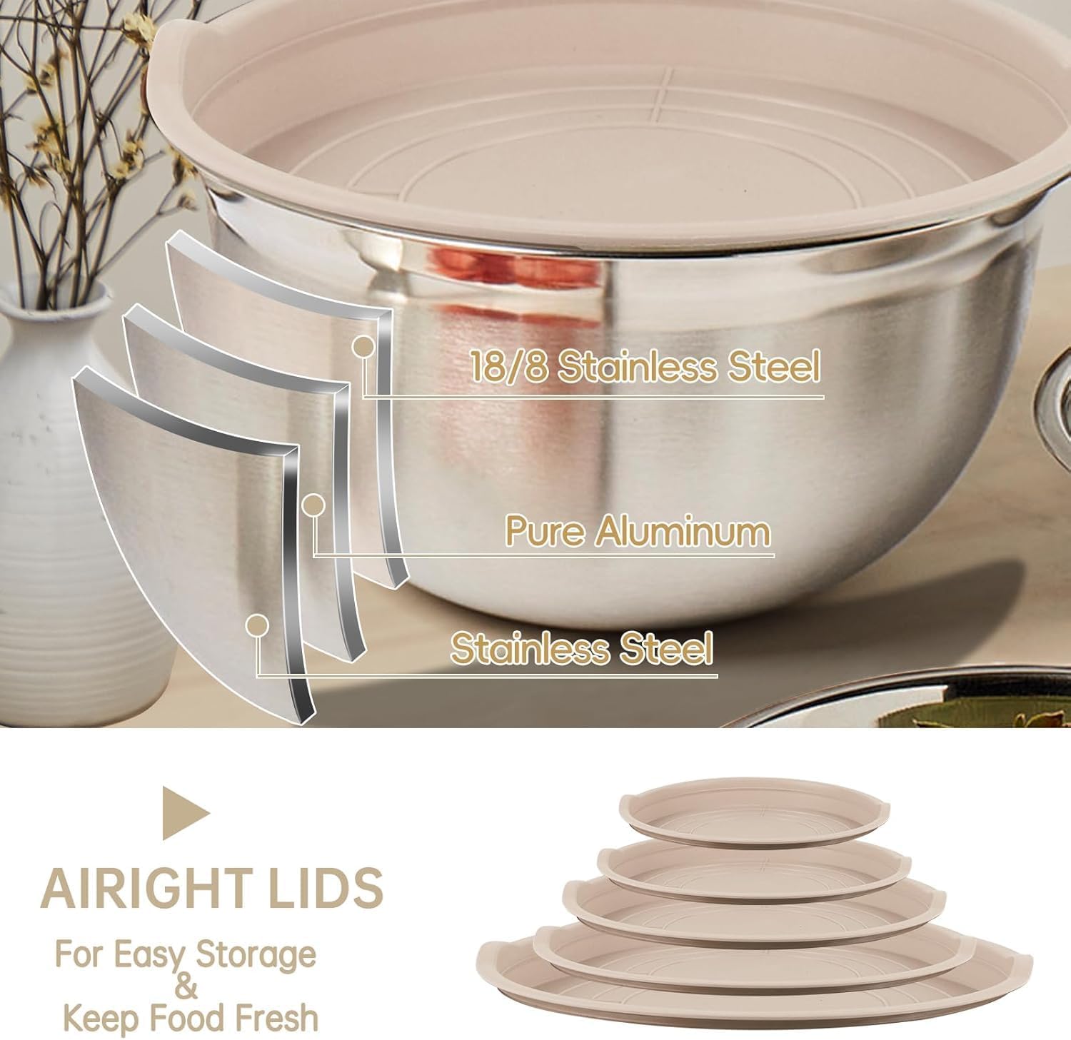 Mixing Bowls Set, 25PCS Khaki Mixing Bowls With Lids Set Stainless Steel Kitchen Large Nesting Metal Bowl 7QT to 1.5QT, Measuring Cups and Spoons for Prepping Cooking Serving - Image 6