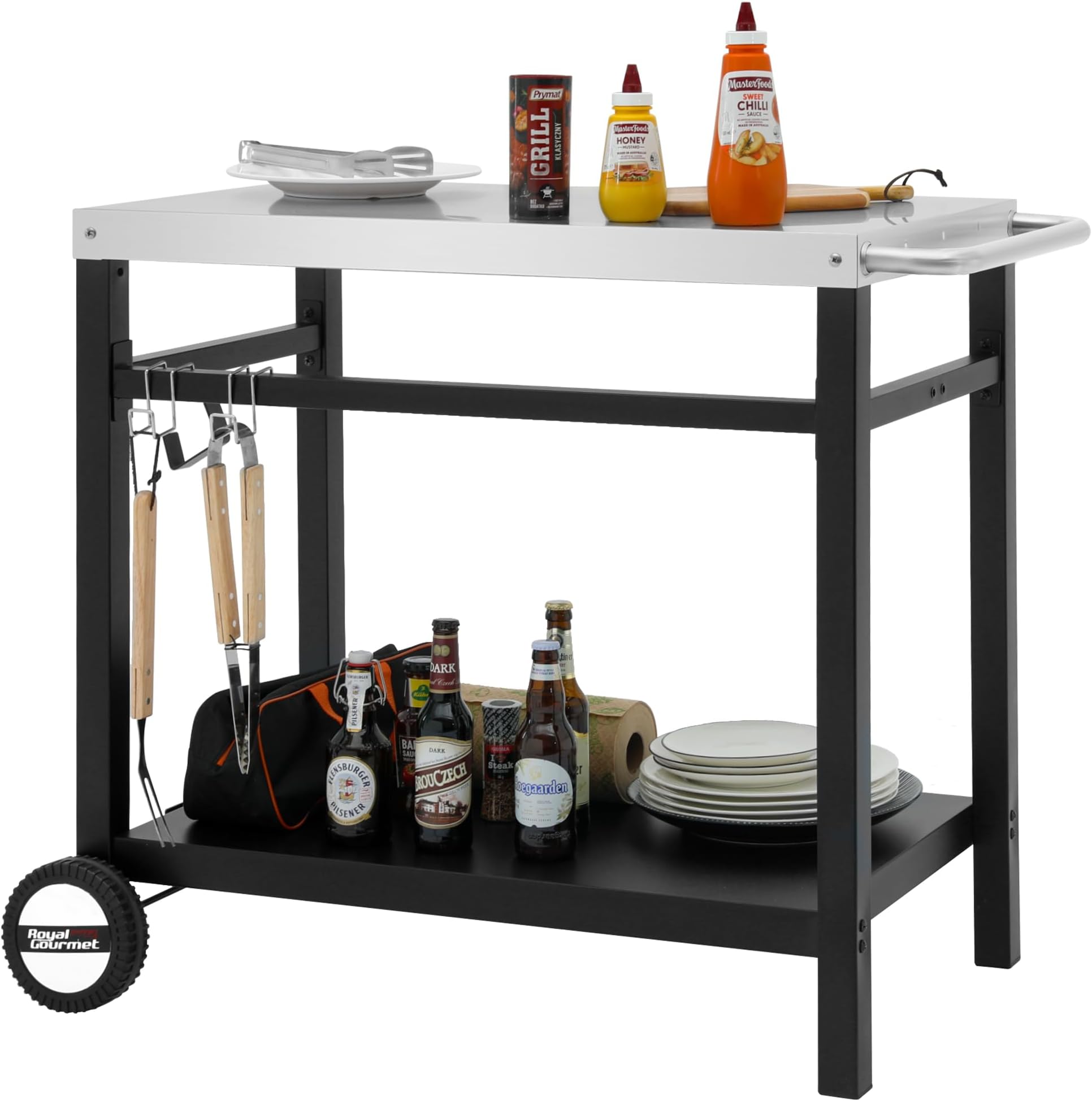 Royal Gourmet Dining Cart Table with Double-Shelf, Movable Stainless Steel Flattop Grill Cart, Hooks, Side Handle, Multifunctional PC3401S (Silver)