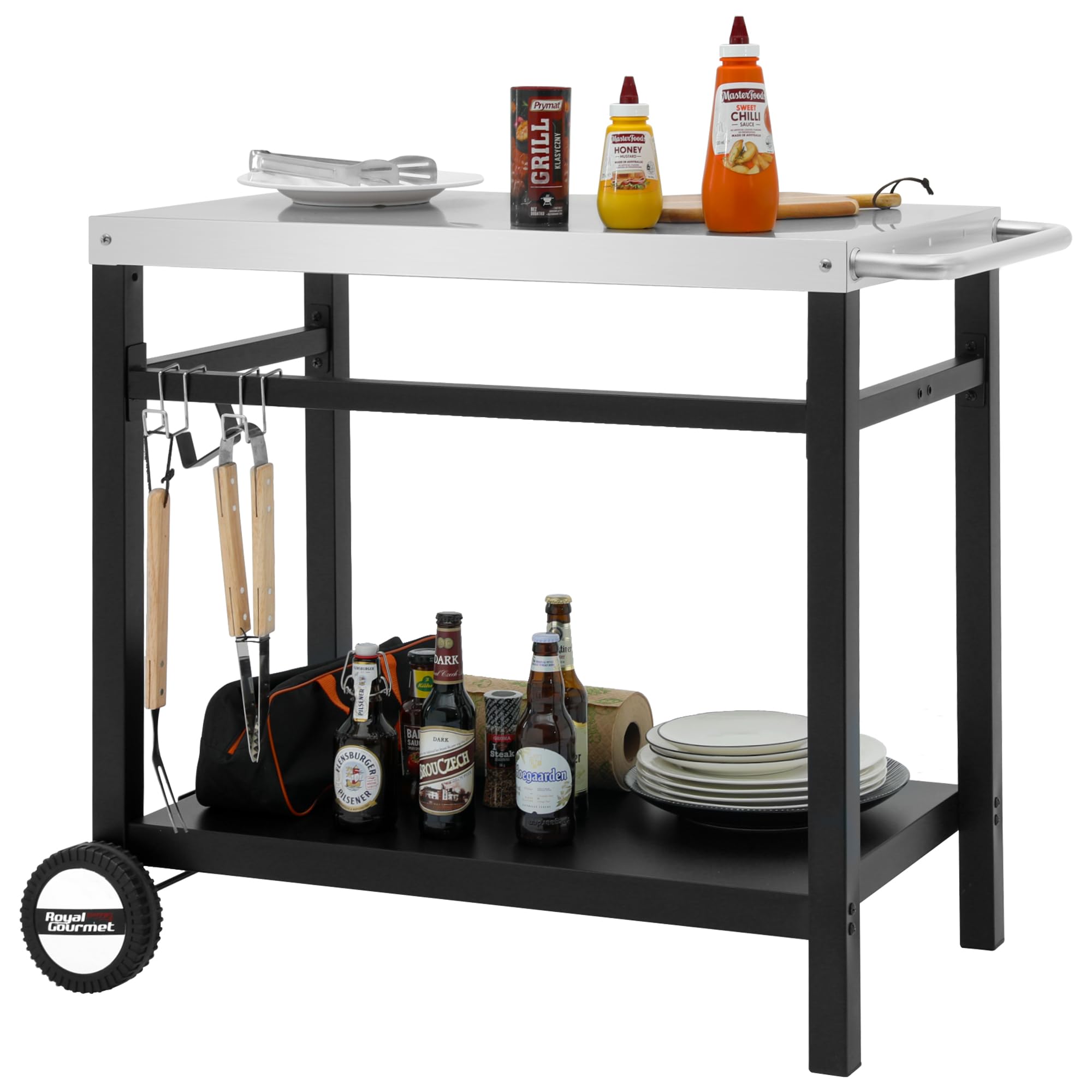 Dining Cart Table with Double-Shelf, Movable Stainless Steel Flattop Grill Cart, Hooks, Side Handle, Multifunctional and Commercial PC3401S (Silver)