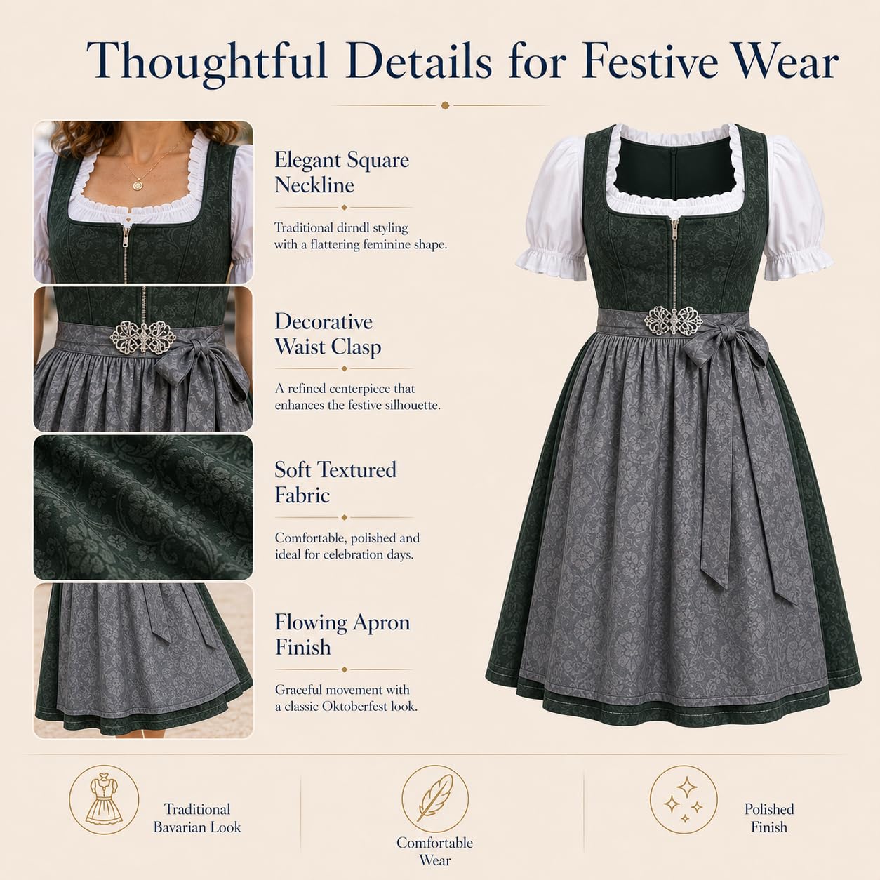 Dirndl Damen - 2 Teilig Oktoberfest Damen Outfit Midi Dirndlkleid Trachtenkleid inkl. Trachtenrock Dirndlschürze, Dirndl Kleidung Trachtenmode Kleid Schlicht Tracht Dirndlkleid Schürze Spitze Kleid