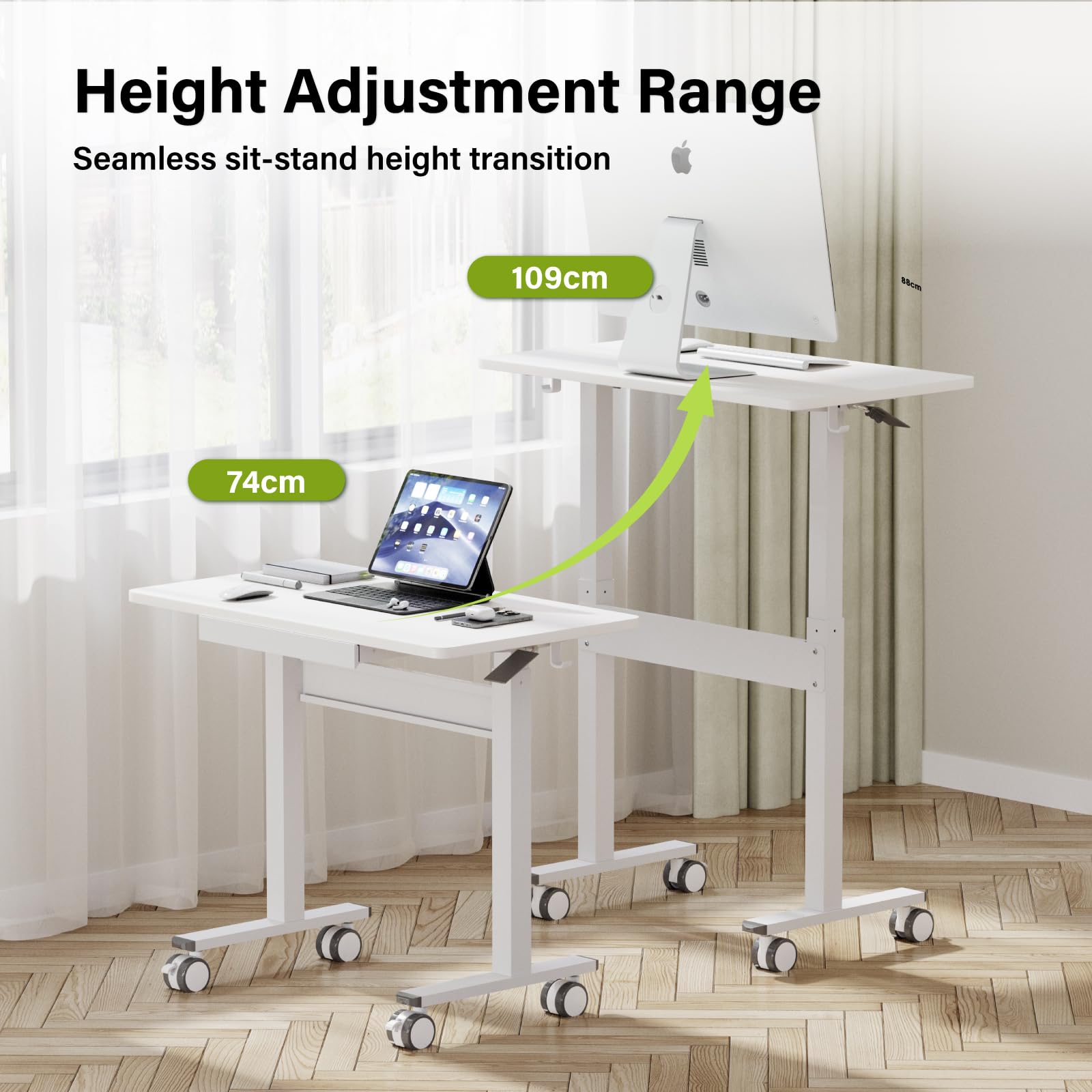 Bureau Debout réglable en Hauteur - Table de Travail Mobile avec roulettes et système pneumatique - Position Assise ou Debout - Bureau Domicile pour Ordinateur Portable - Blanc
