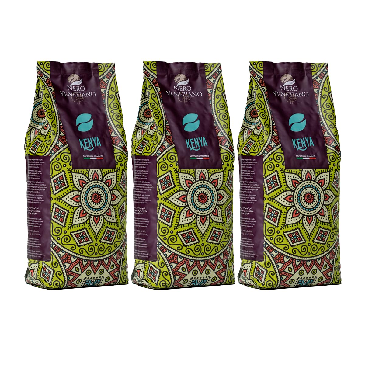 Nero Veneziano Kenya Caffè in Grani 3x1 kg, 30% Arabica 70% Canephora, Tostatura Media, Note di Ribes Nero e Spezie, Corpo Robusto, per Espresso e Automatiche