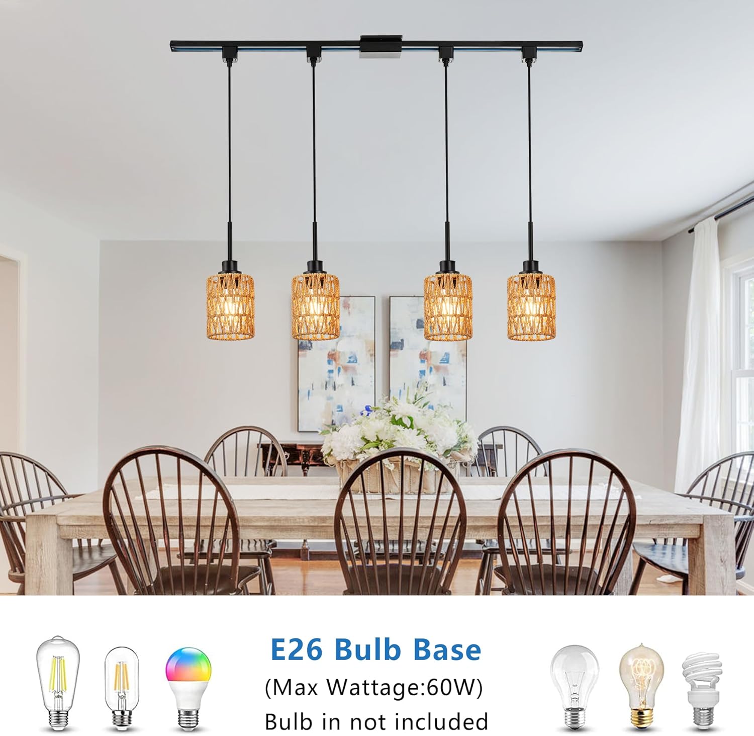MELUCEE 4 Packs H-Type Track Hanging Light Black Ceiling Track Lighting Fixtures Rattan Pendant Light for Kitchen Island Dining Room Restaurant, Compatible with H Type Track Lighting Rail, E26 Socket