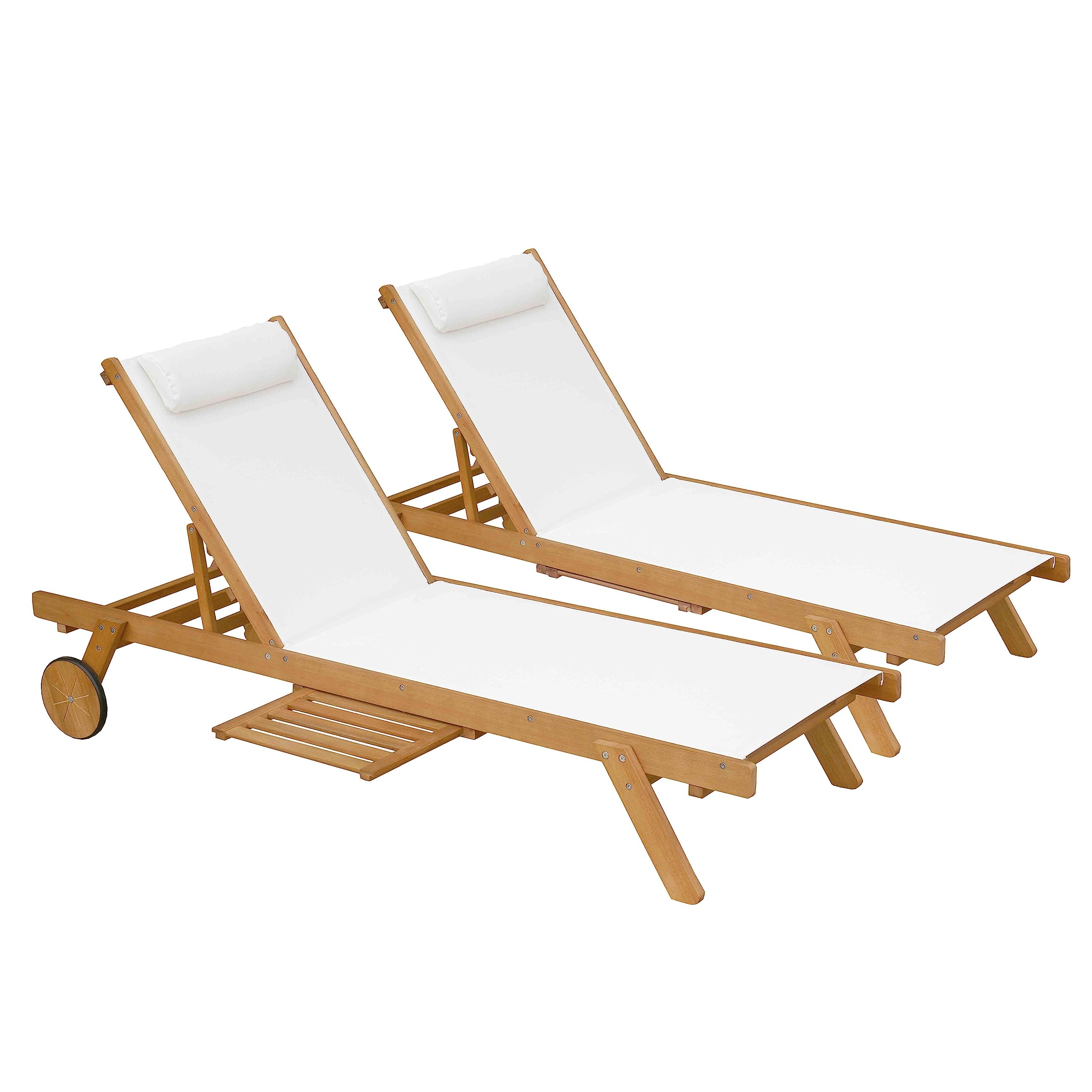 Oviala Lot de 2 Bains de Soleil avec Coussin et Tablette en Bois Blanc