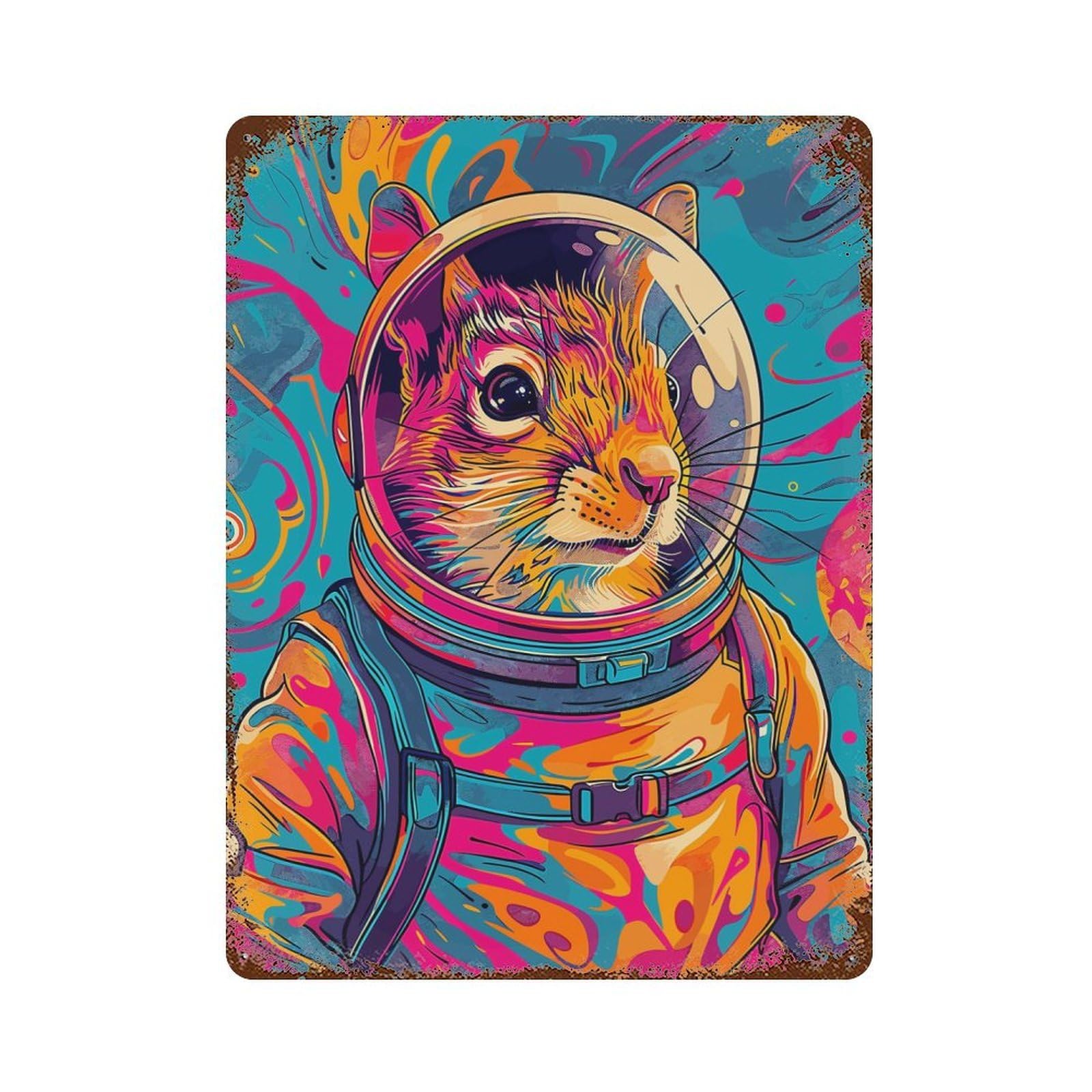 Rust Effect Astronaut Squirrel Space Rusty Metal Tin Sign 15.7"x11.8", Old School Wall Decor for Cafe, Home Bar And Lounge Decor