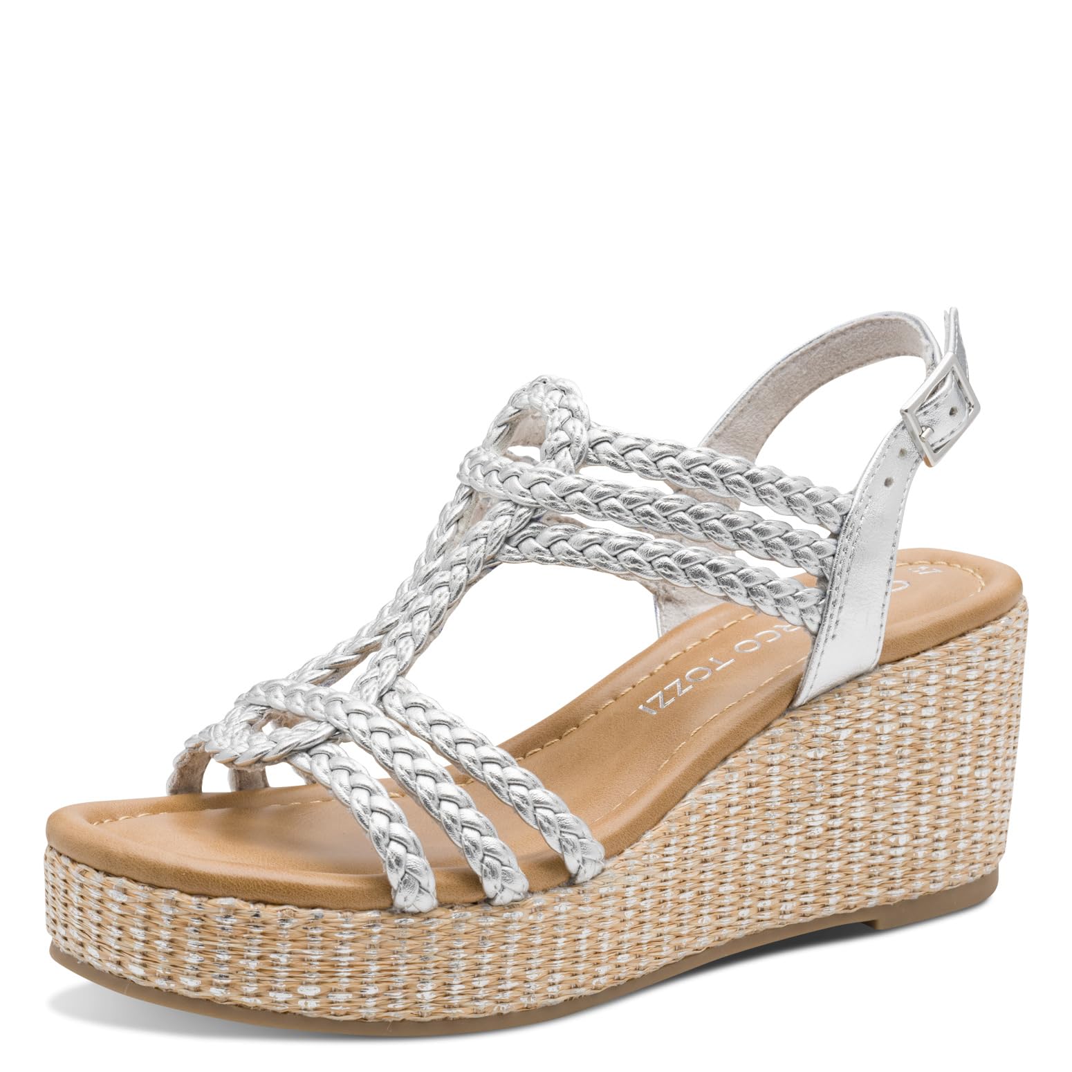 MARCO TOZZI women's wedge sandal soft Feel Me footbed soft lining summery, metallic (SILVER), 8.5 UK