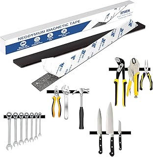 Heavy Duty Magnetic Tape with 3M Adhesive - 12" x 0.8" Strong NdFeB Magnetic Strips (3 Pack), Flexible & Cuttable for Tools, Whiteboard, Fridge, Garage, DIY Projects