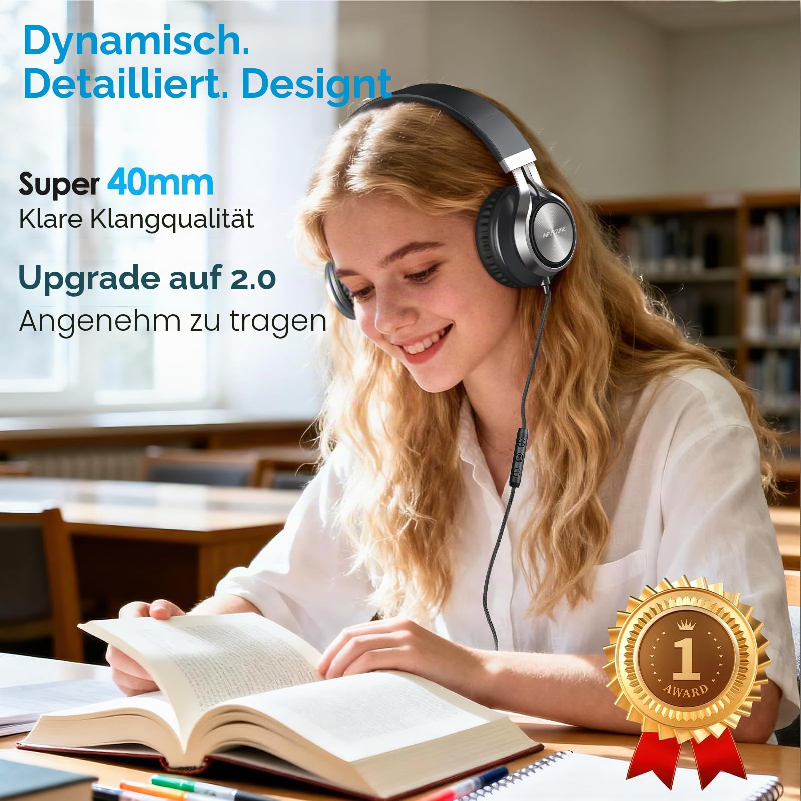 INFURTURE USB C Kopfhörer mit Mikrofon und Lautstärkeregler, Faltbare Kopfhörer Over Ear, Leicht Kopfhörer für Schule/Reisen/Zoom-Meetings/Online-Kurse/Sport/iPhone 17/16/15,Technikgeschenke - Schwarz