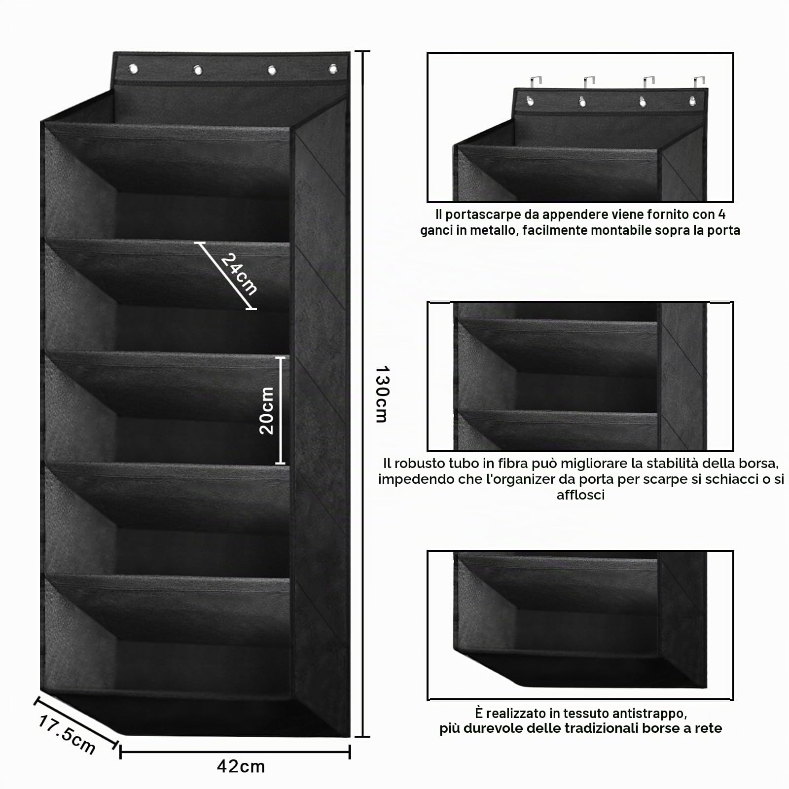 Scarpiera porta, scarpiera da appendere, organizer per scarpe, porta con 6 tasche profonde, adatta a 12 paia di scarpe (nero)