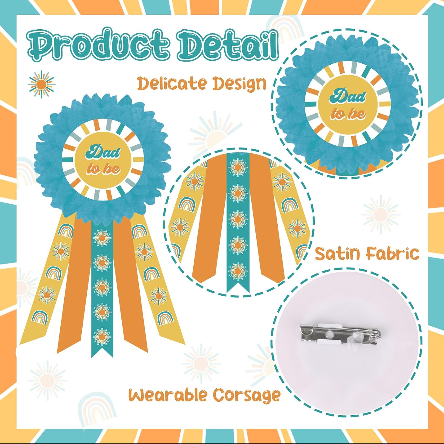 Here Comes The Son Baby Shower Decorations for Boy, Here Comes The Son Maternity Sash with Mom to Be Dad to Be Corsage Pins, Boho Retro Pregnancy Flower Belly Belt New Parents Keepsake Party