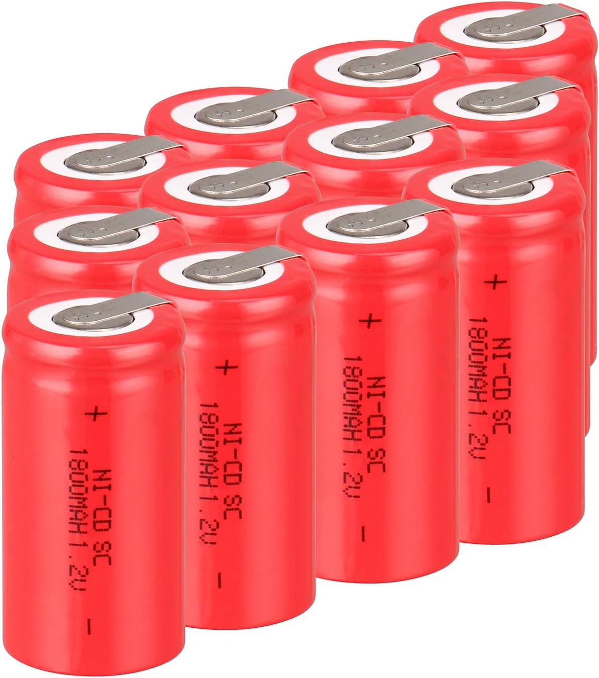 12 Pcs Ni-Cd SubC 1.2V 1800mAh Rechargeable Battery with Tab (12pcs, Red)