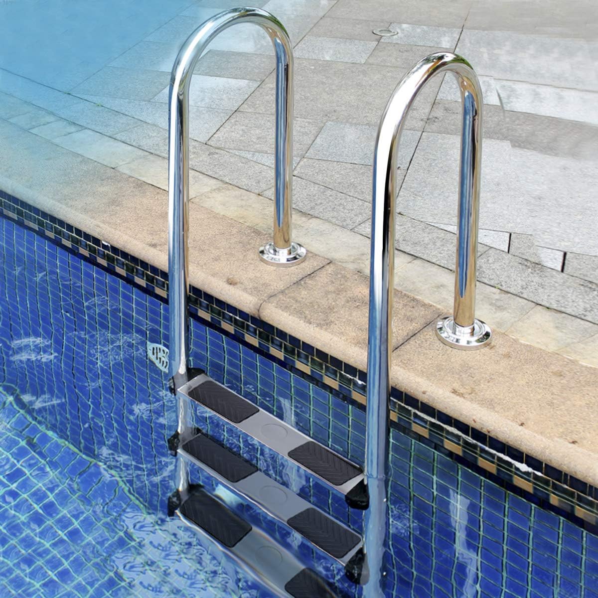 RELAX4LIFE Escalera de Piscina de Acero Inoxidable con 3 Peldaños Antideslizantes, Escalera Piscina Desmontable para Piscina, SPA y Parques Acuático, Carga 150kg, 55x25x132,5cm, Plateado