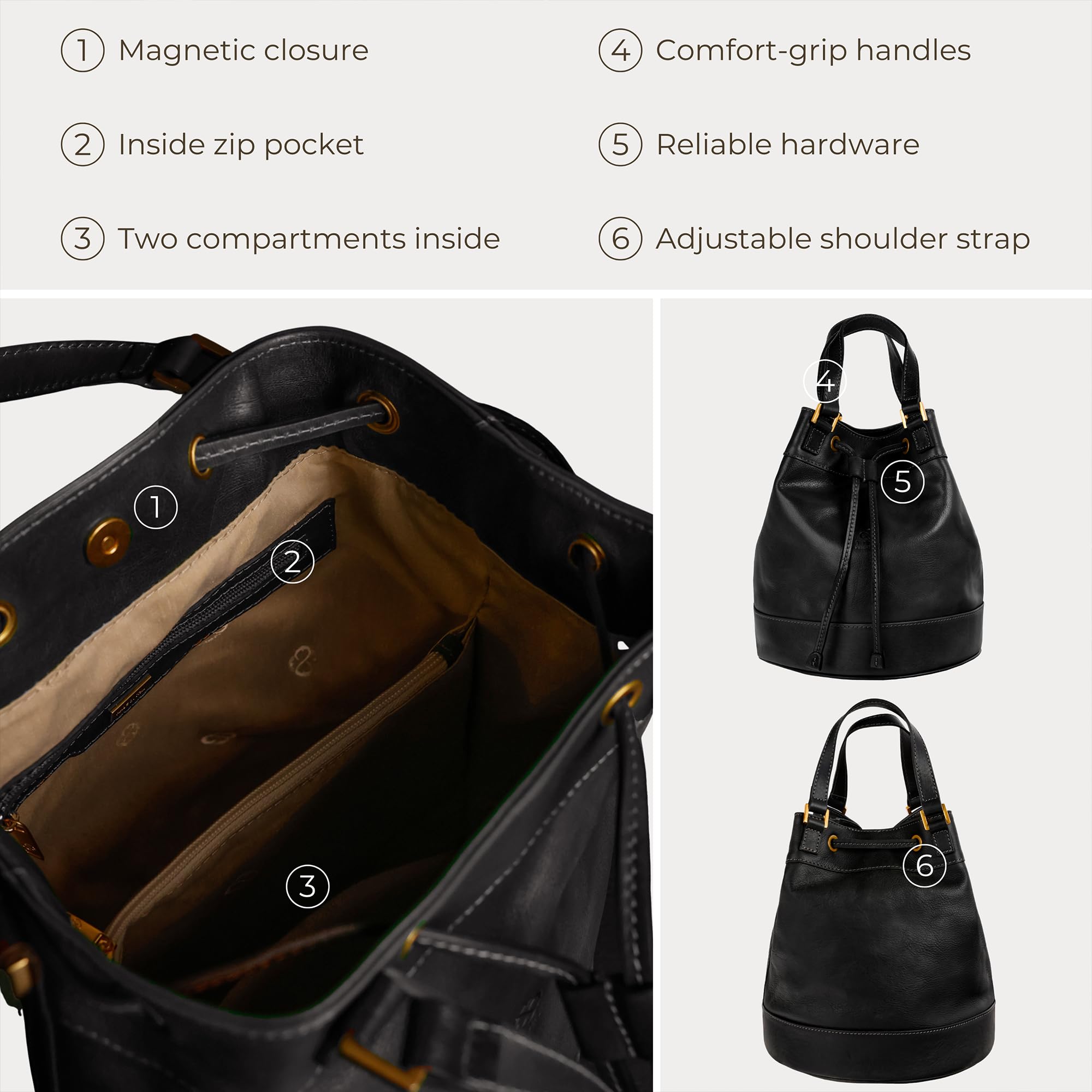 Time Resistance Lederhandtasche für Damen - Handgefertigte Beuteltasche aus Vollnarbenleder - Italienische Ledertasche - Schultertasche für Damen - Handtasche für Arbeit und Alltag (Schwarz)