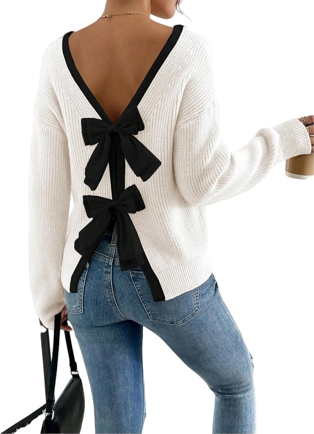 FOTKLAX Women's Off The Shoulder Pullover Bow Ribbed Knit Sweater Cute Crew Neck Long Sleeve Trendy Cozy Sweaters