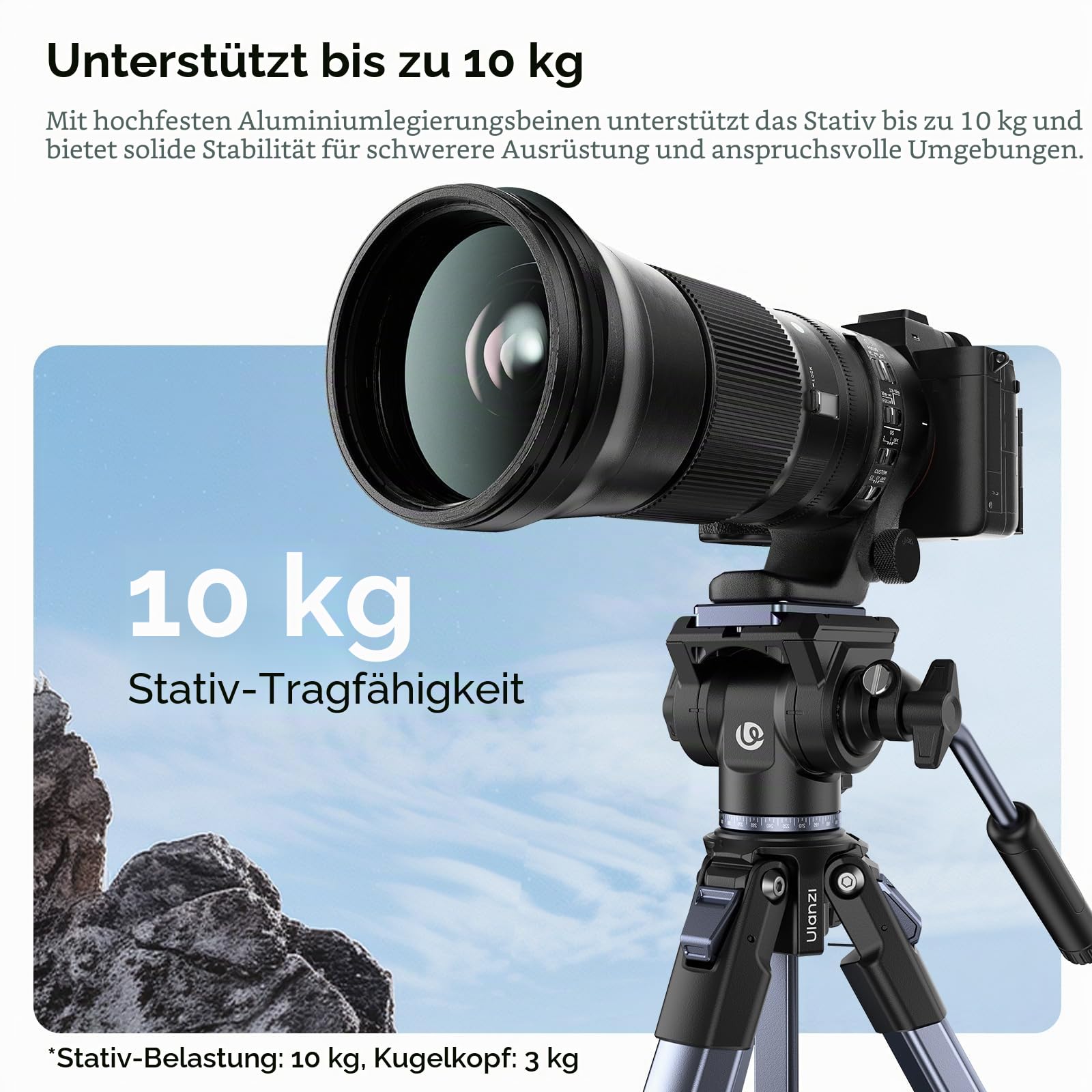 ULANZI Ombra Video II 157cm Videostativ mit Fluidkopf 360° Pan&-70°/+90° Tilt Pan, Travel Tripod mit Handyhalterung, Kamerastativ mit Arca Swiss Kompatibel für DSLR, Handy (Tragkraft 10 kg)