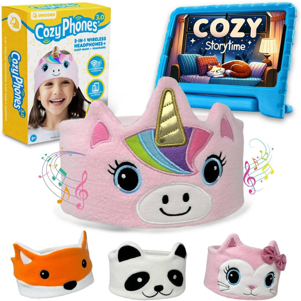 CozyPhones Toddler Headphones Wireless, Kids Bluetooth Headband, Safe Volume Limiting - Wired School Headphones for Kids with Carry Bag - Toddler Airplane Travel Essentials for Boys & Girls - Unicorn