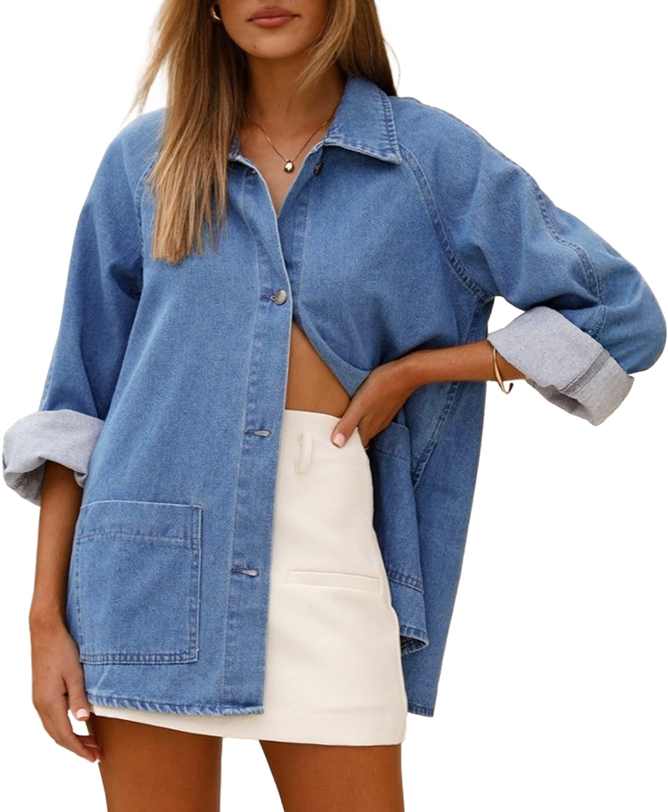 Photo 1 of Astylish Women's Western Style Denim Shirt Vintage Wash Button Front Jean Top Casual Long Sleeve Blouse for Spring Summer Light Blue X-Large