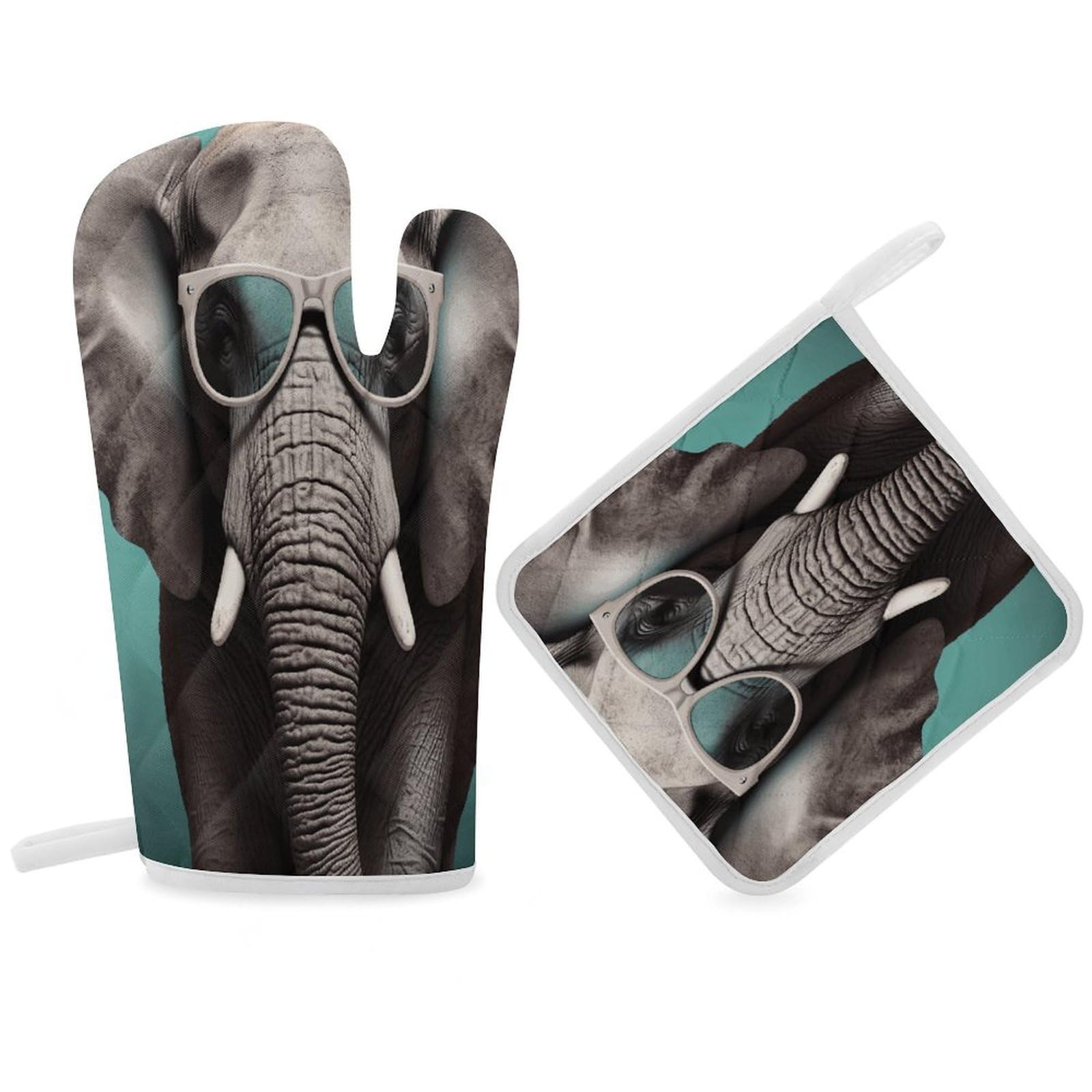 Fodpand Women's Style Elephant With Glasses Oven Mitts And Pot Holders Sets,Oven Gloves For Kitchen Oven Mitts And Potholders For Baking Cooking Grilling Apartment Essentials