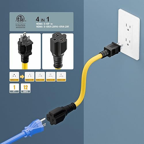 Miniatura 6 de 4 en 1 Cable adaptador de CA para el hogar de 12 AWG de 15 amperios a hoja T de 20 amperios, NEMA 5-15P a 5-15R 5-20R 6-15R 6-20R, adaptador de CA 4