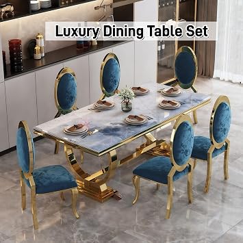 95 Dining Table Set - Modern Kitchen Table and Chairs with Sintered Stone Top, Gold Stainless Steel Frame, Luxury Dining Room Set for Home, Dining Table Set for 10, Blue