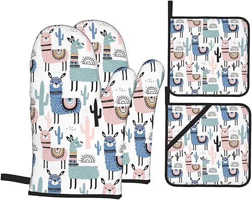 Juego de 4 manoplas de horno y agarraderas de alpaca con forma de cactus y llama, guantes resistentes al calor para cocina, hornear, parrilla,
