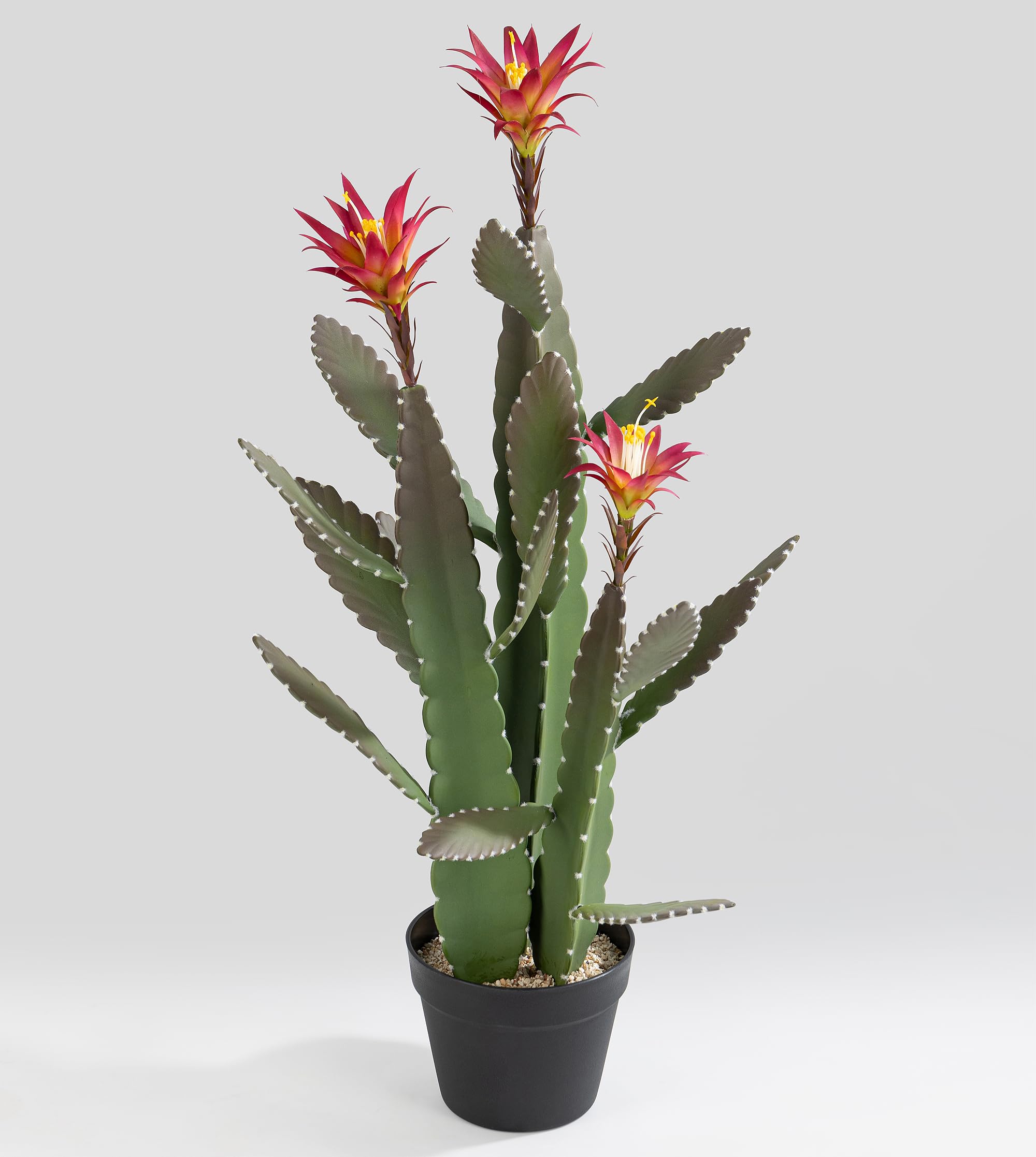 SUNPRAIRIE 33 Inch Large Artificial Cactus with Magenta Flowers